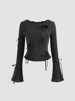 Cider - Boat Neck Bowknot Long Sleeve Top