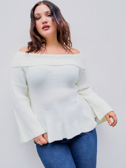 Cider - Knit Off-Shoulder Ruffle Hem Long Sleeve Top Curve & Plus