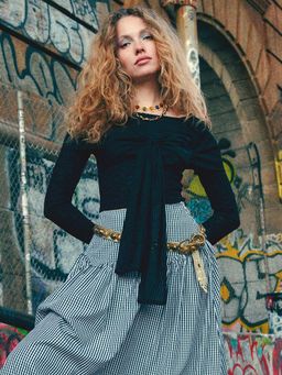 Cider - Mesh Boat Neck Bowknot Long Sleeve Crop Top