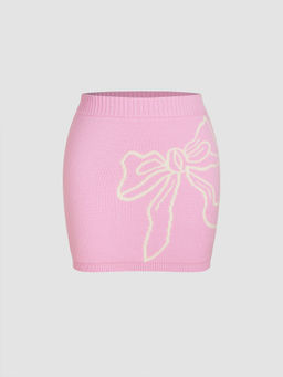 Cider - Mid Rise Bowknot Graphic Knitted Mini Skirt