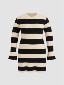 Cider - Knit Jacquard Round Neck Stripe Mini Dress Curve & Plus