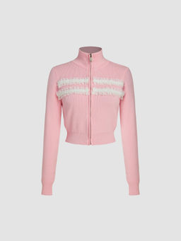 Cider - High Neck Lace Trim Cardigan