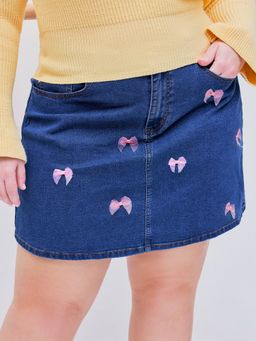 Cider - Denim Mid Waist Bowknot Mini Skirt Curve & Plus