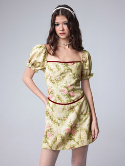 Cider - Square Neck Floral Corset Puff Sleeve Mini Dress