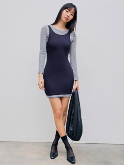 Cider - Solid Tank Mini Dress with Long Sleeve Top