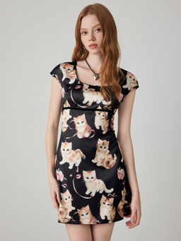 Cider - Satin V-Neck Cat Bowknot Mini Dress
