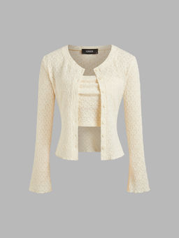 Cider - Solid Geometric Button Long Sleeve Cardigan with Tube Top