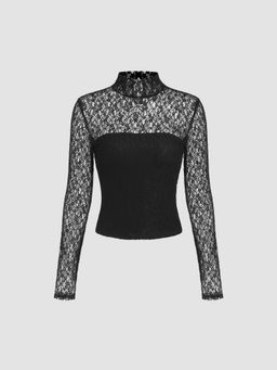 Cider - See-Through Lace High Neck Long Sleeve Top