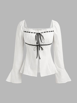 Cider - Square Neck Knotted Ruched Long Sleeve Blouse Top
