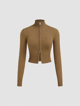 Cider - High Neck Solid Zipper Knitted Cardigan