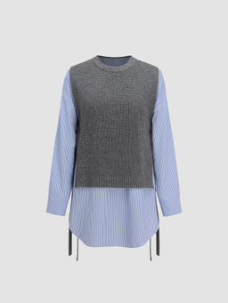 Cider - Round Neck Knit Vest Patchy Mini Shirt Dress