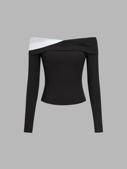 Cider - Mesh Patchy Off-Shoulder Solid Long Sleeve Top