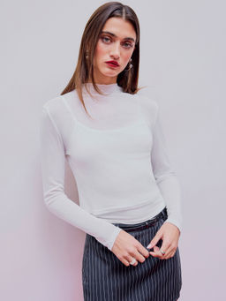 Cider - High Neck See-Through Long Sleeve Top with Cami Top