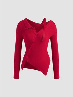 Cider - Asymmetrical Neck Button Knitted Long Sleeve Top