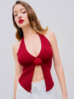 Cider - Halter Neck Rosette Knitted Crop Top