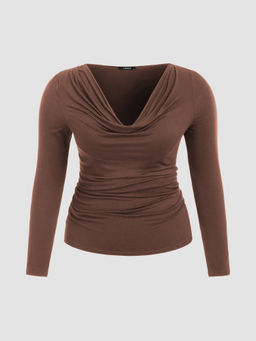 Cider - Cowl Neck Solid Ruched Long Sleeve Tee Curve & Plus