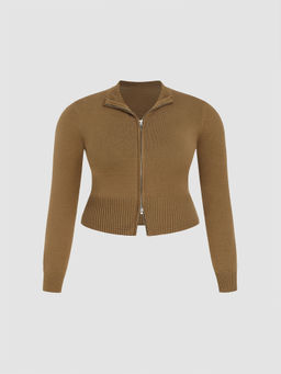 Cider - High Neck Solid Zipper Knitted Cardigan Curve & Plus