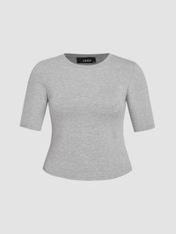 Cider - Cotton-Blend Round Neck Solid Short Sleeve Top Curve & Plus