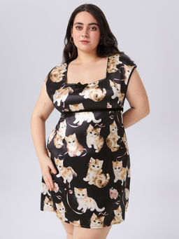 Cider - Satin V-Neck Cat Bowknot Mini Dress Curve & Plus
