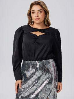 Cider - Satin Round Neck Cut Out Long Sleeve Blouse Top Curve & Plus