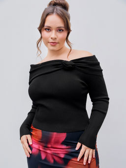 Cider - Knit Off-Shoulder Floral Long Sleeve Top Curve & Plus