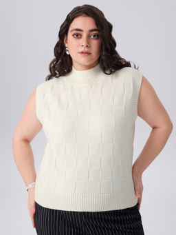 Cider - High Neck Solid Geometric Knitted Crop Top Curve & Plus