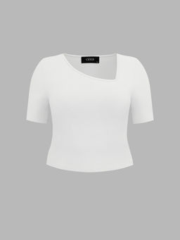 Cider - Asymmetrical Neck Solid Short Sleeve Knitted Tee Curve & Plus
