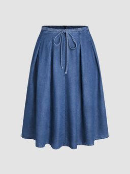 Cider - Denim Middle Waist Knotted Ruffle Midi Skirt Curve & Plus