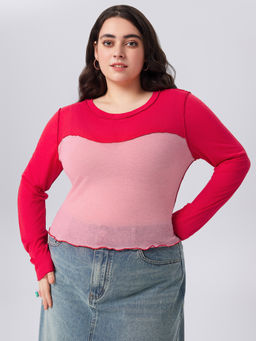 Cider - Mesh Round Neck Two Tone Long Sleeve Top Curve & Plus
