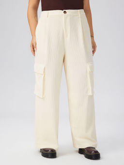 Cider - Corduroy Middle Waist Cargo Pocket Wide Leg Trousers Curve & Plus