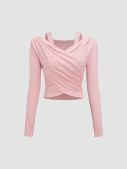 Cider - V-Neck Lace Ruched Long Sleeve Jersey Top