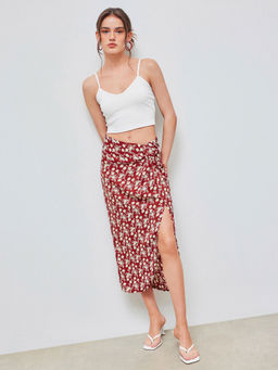 Cider - Solid Crop Cami Top & Floral Twist Split Maxi Skirt (Set of 2)