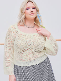 Cider - Bowknot Hollow Out Knitted Bell Sleeve Top Curve & Plus