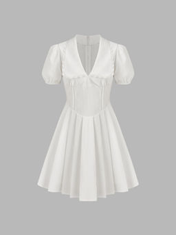 Cider - Woven V-Neck Lace Ruffle Hem Mini Dress