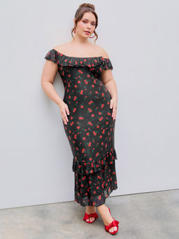 Cider - Off-Shoulder Floral Ruffle Maxi Dress Curve & Plus