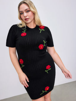 Cider - Round Neck Knitted Floral Mini Dress Curve & Plus