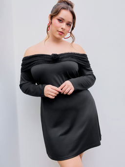 Cider - Lace Rose Off-Shoulder Solid Mini Dress Curve & Plus