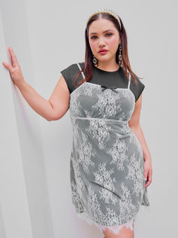 Cider - Lace Patchy Floral Bowknot Mini Dress Curve & Plus