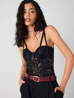 Cider - Lace Sweetheart Floral Corset Bodysuit