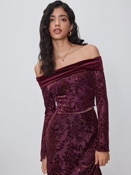 Cider - Velvet Off-Shoulder Jacquard Floral Bell Sleeve Crop Top