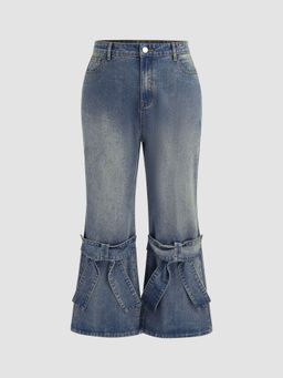 Cider - Denim Mid Waist Solid Bowknot Flared Jeans Curve & Plus
