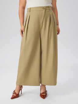 Cider - Mid Waist Solid Asymmetrical Pleated Pocket Wide Leg Trousers Curve & Plus