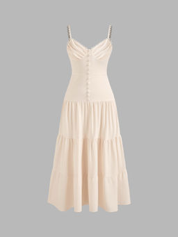 Cider - Woven V-Neck Solid Ruffle Hem Midi Dress