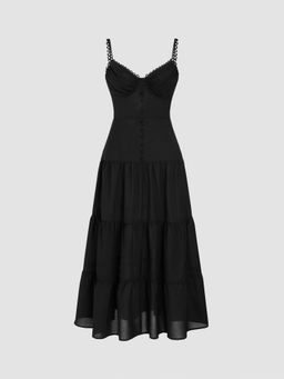 Cider - Woven V-Neck Solid Ruffle Hem Midi Dress