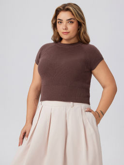 Cider - Round Neck Solid Knitted Short Sleeve Top Curve & Plus