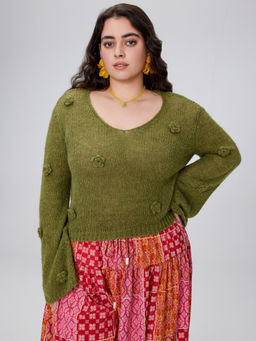 Cider - V-Neck Floral Long Sleeve Sweater Curve & Plus