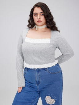 Cider - Square Neck Solid Ruffle Hem Long Sleeve Crop Top Curve & Plus
