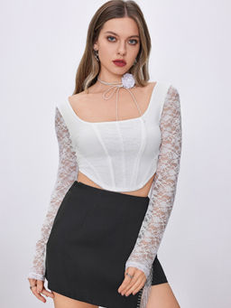Cider - Lace Square Neck Floral Long Sleeve Crop Top