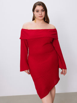 Cider - Rib Off-Shoulder Asymmetrical Bell Sleeve Mini Dress Curve & Plus