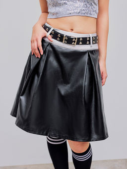 Cider - Faux Leather High Rise Contrasting Binding Midi Skirt